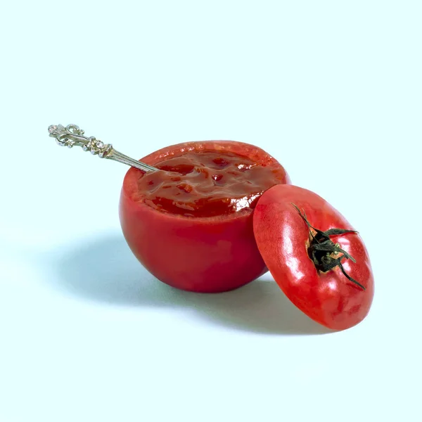 Tomate Como Bote Salsa Para Ketchup Estilo Mínimo Combinación Creativa —  Fotos de Stock