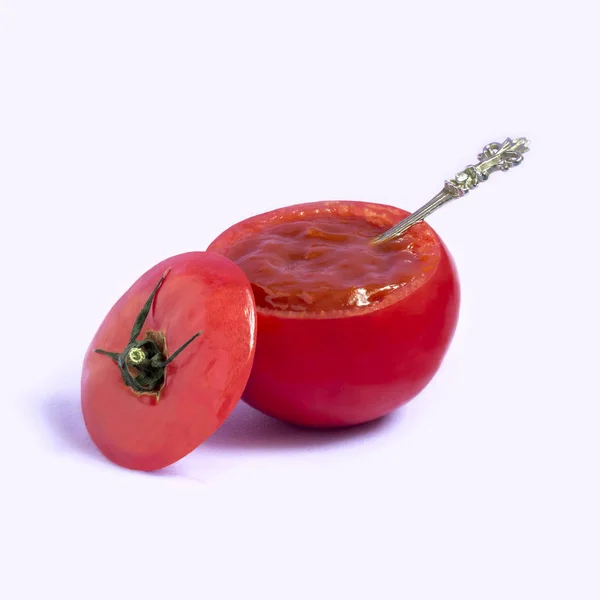 Tomate Como Bote Salsa Para Ketchup Estilo Mínimo Combinación Creativa —  Fotos de Stock