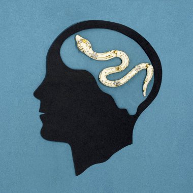 Stilize baş siluet. Beyinde herpetophobia sembolü olarak yılan. Ruh sağlığı ve hastalıkları kavramı