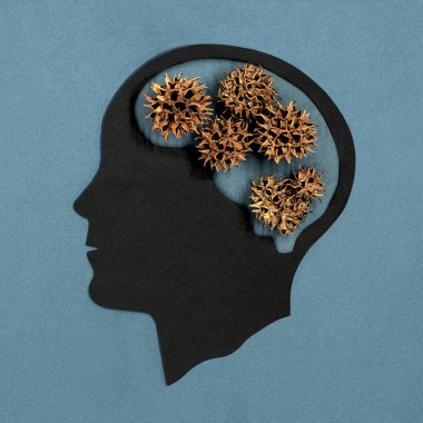 Stylized head silhouette. Brain with spiny balls as symbol of obsessive traumatic experiences. Posttraumatic stress disorder. PTSD. Concept of mental health and disease clipart