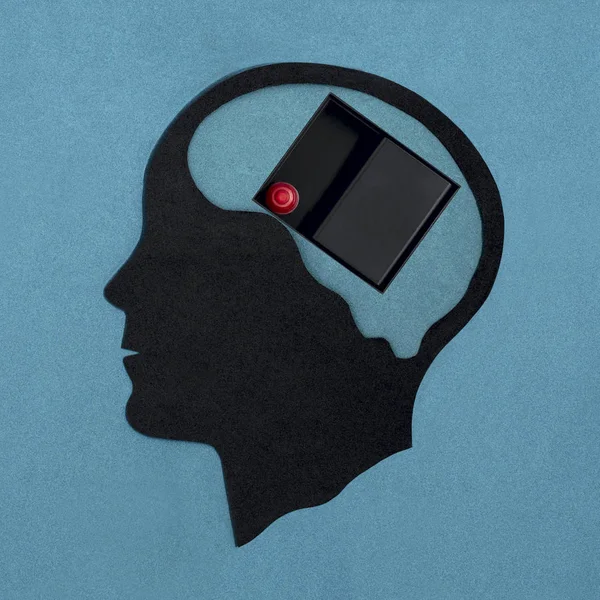Stiliserat Huvud Silhuett Box Med Röd Knapp Hjärnan Symbolisk Bild — Stockfoto