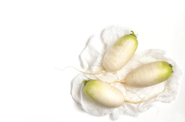 White Fresh Daikon Roots White Gauze Napkin White Background — Stock Photo, Image