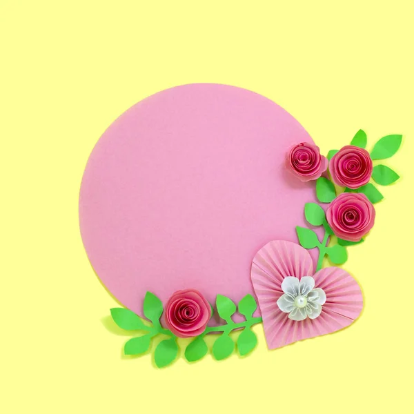 Coração Volumétrico Rosas Papel Círculo Rosa Cartão Férias Caseiro Para — Fotografia de Stock
