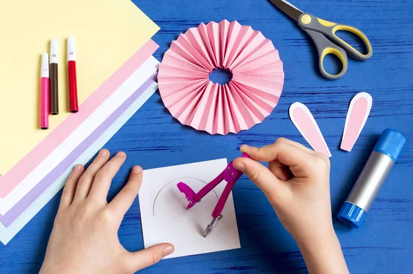 Child Makes Bunnies Out Paper Easter Decoration Creative Idea Children — Stock Photo, Image