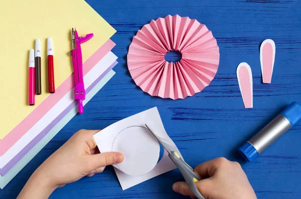 Child Makes Bunnies Out Paper Easter Decoration Creative Idea Children — Stock Photo, Image