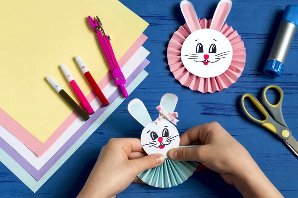 Child Makes Bunnies Out Paper Easter Decoration Creative Idea Children — Stock Photo, Image