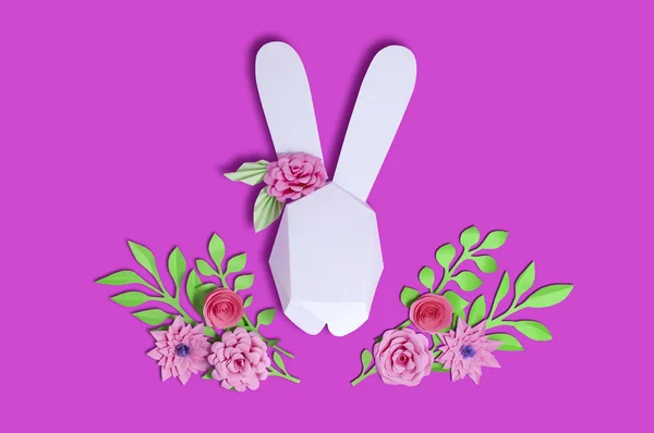 Húsvéti papír dekoráció. 3D húsvéti nyuszi és virágok — Stock Fotó