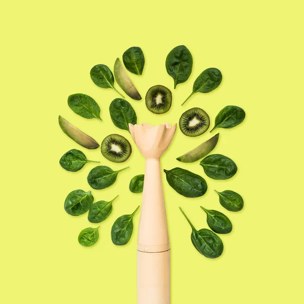 Albero verde da frullatore e ingredienti per fare frullati — Foto Stock