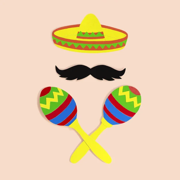 Símbolos de Cinco de Mayo sombrero, bigode e maracas — Fotografia de Stock