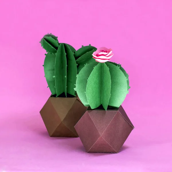 Cactus di carta in vasi di fiori artigianali — Foto Stock