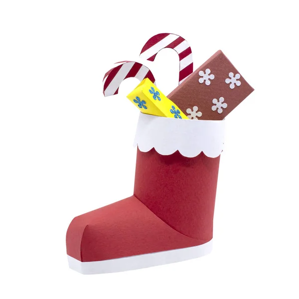 3d paper Santa boot with gifts isolated on white — Stock Photo, Image