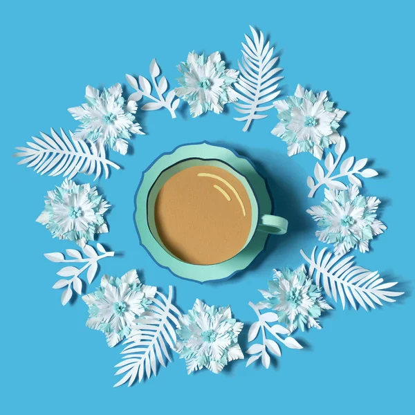 Паперова чашка, сніжинки та морозне листя — стокове фото