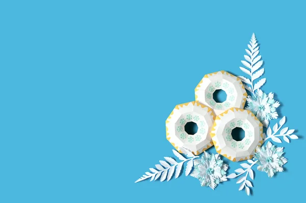 Donuts de papel, flocos de neve e folhas geladas — Fotografia de Stock