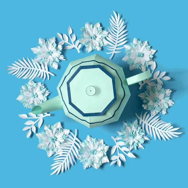 Bule de papel, flocos de neve e folhas geladas — Fotografia de Stock