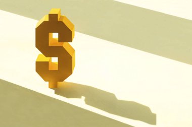 Büyük gölgeli kağıt dolar işareti. Düşüş kavramı, düşen dolar. Ekonomik durgunluk. Ulusal para biriminin değer kaybı. Kriz ve ekonomik şok. Gerçek hacimli el yapımı kağıt nesneler