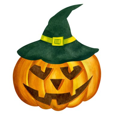 Yeşil cadı şapkalı suluboya balkabağı. Suluboya sonbahar resmi beyaz arka planda izole edilmiş. Balkabağı Jack. Cadılar Bayramı karakteri