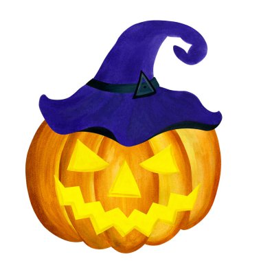 Mavi cadı şapkalı suluboya balkabağı. Suluboya sonbahar resmi beyaz arka planda izole edilmiş. Balkabağı Jack. Cadılar Bayramı karakteri