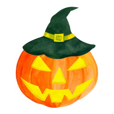 Cadı şapkalı suluboya balkabağı. Suluboya sonbahar resmi beyaz arka planda izole edilmiş. Balkabağı Jack. Cadılar Bayramı karakteri