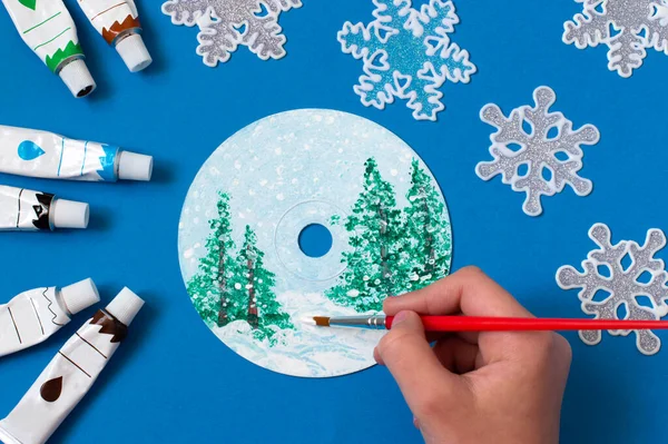 Malen Mit Acrylfarben Auf Jahreszeiten Winterlandschaft Kreatives Kunstprojekt — Stockfoto