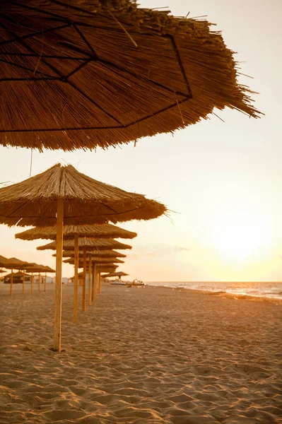 Guarda-chuvas de palha na praia perto do oceano e do mar — Fotografia de Stock