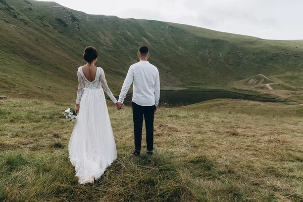 Жених и невеста держатся за руки на фоне гор. Копирование пространства — стоковое фото