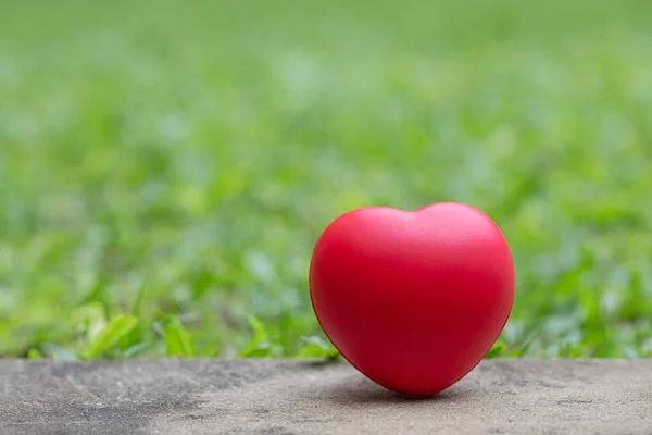 Κόκκινη καρδιά στο έδαφος με γρασίδι στο παρασκήνιο. Valentine — Φωτογραφία Αρχείου
