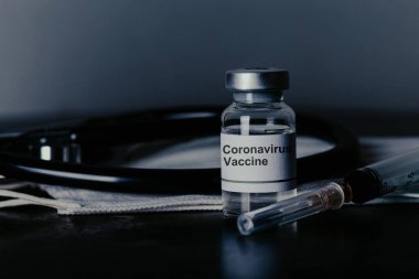 Coronavirus Aşısı / Corona Virüsü Aşısı Konsepti Şırınga ve Cerrahi Maske Koruyucu Maske. Korona virüsü enfeksiyonundan önleme, aşılama ve tedavi. Coronavirus Aşısı Kavramı 