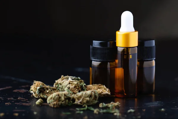 Essential Oil Made Medicinal Cannabis Detail Bottle Cbd Oil Black — Stock Photo, Image