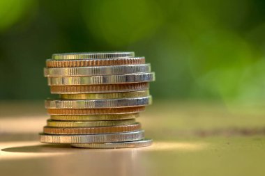 Para sikkeleri yeşil arka plan üzerine istiflenir. Odaklanma. Para biriktirme kavramı. büyüyen iş konsepti. 