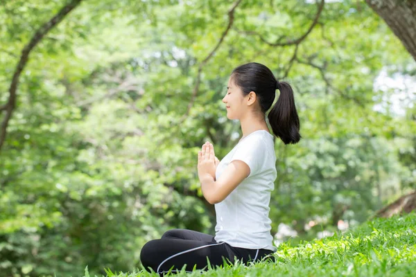 Doğada yoga yapan genç bir kadın, Asyalı bir kadın şehir parkında yoga yapıyor.