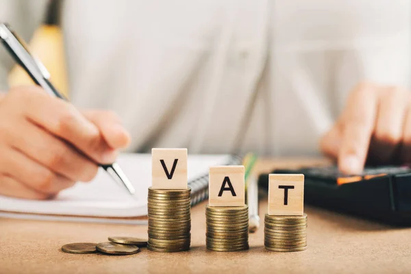 Word Vat Step Stacked Coins Graph Women Counting Money Using — Stock Photo, Image