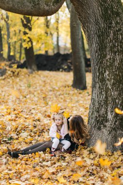 Güzel kızı ile Genç Anne altın sonbaharda parkta yürüyüş. Gül bakalım, bir selfie almak iyi eğlenceler.