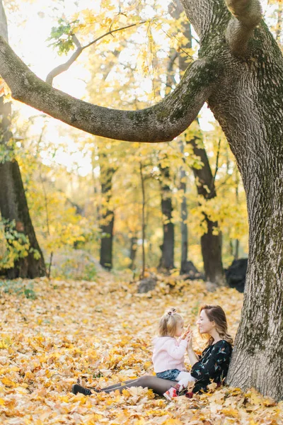 Ung Mamma Med Vackra Dotter Vandrar Parken Den Gyllene Hösten — Stockfoto