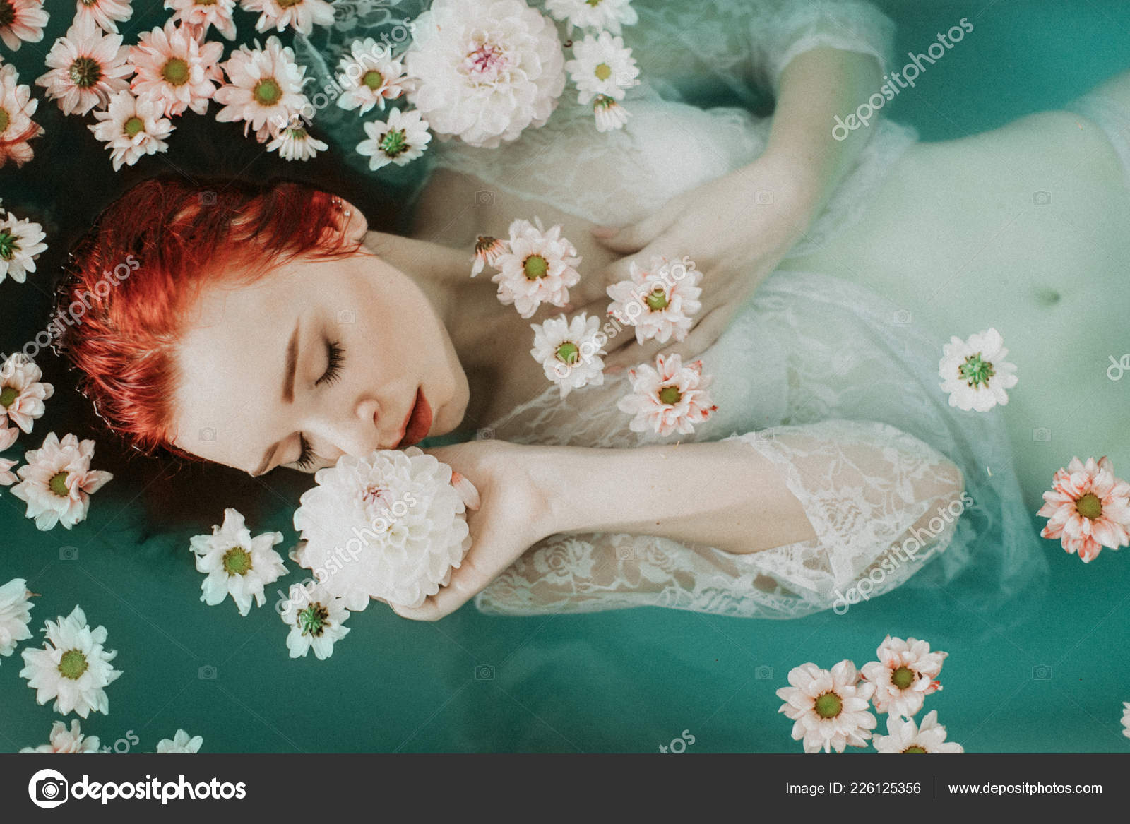 Portrait Beautiful Redhead Girl Taking Bath Blue Water Flowers Stock Photo By C Kapitonenko Portrait Beautiful Redhead Girl Taking Bath Blue Water Flowers Stock Photo By C Kapitonenko
