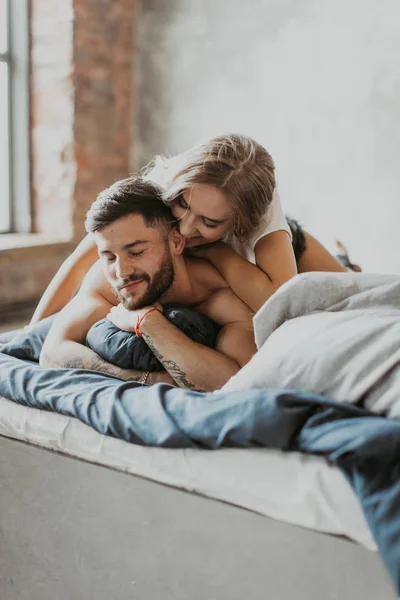 Beautiful Couple Kissing Bed Stock Photo