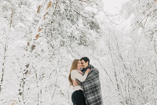 Casal Apaixonado Andando Floresta Nevada Abraçando Beijando Desfrutando — Fotografia de Stock