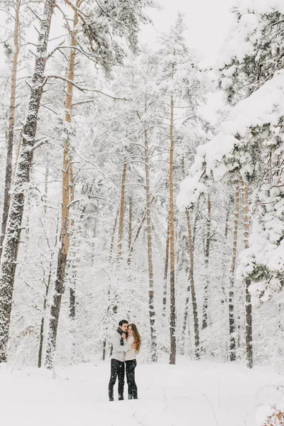 Para Zakochanych Chodzenie Zaśnieżony Las Przytulanie Całowanie Cieszyć Się — Zdjęcie stockowe