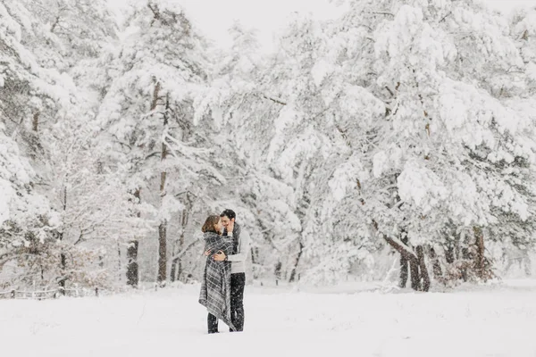 Para Zakochanych Chodzenie Zaśnieżony Las Przytulanie Całowanie Cieszyć Się — Zdjęcie stockowe