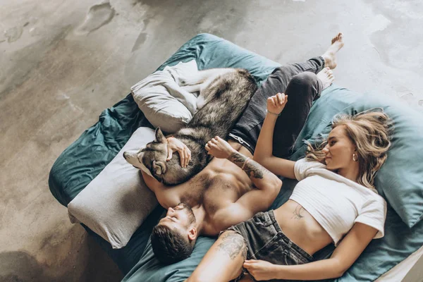 bir köpek ile birlikte yatakta güzel sevgi dolu çift  