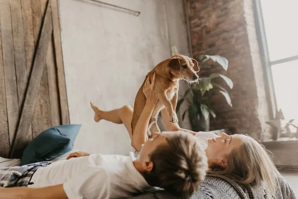 Güzel Çift Aşık Gülüyor Küçük Bir Köpekle Oynar — Stok fotoğraf