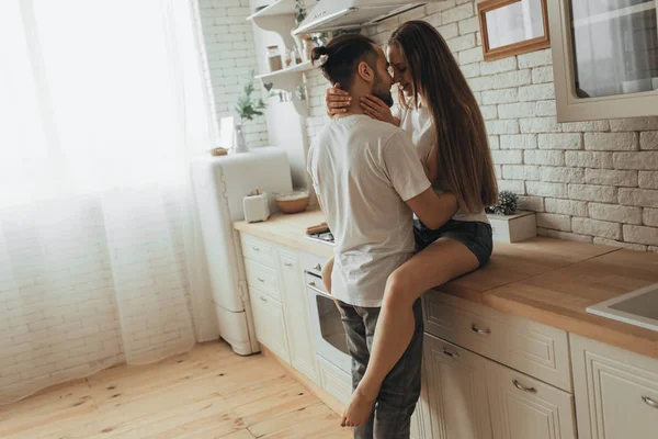 Beautiful Loving Couple Kissing Kitchen — Stock Photo, Image
