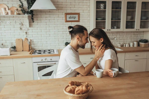 Beautiful Loving Couple Kissing Kitchen — Stock Photo, Image