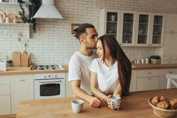 Beautiful Loving Couple Kissing Kitchen — Stock Photo, Image