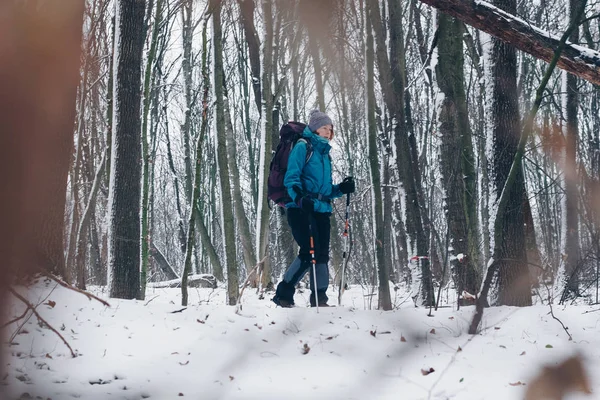 Ung flicka med ryggsäck vandringar genom vintern skogen. Ser från utsidan — Stockfoto