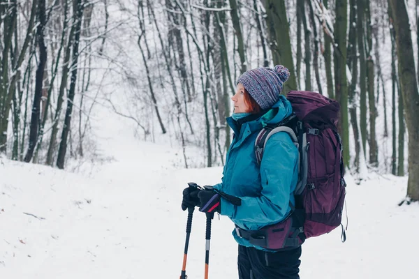 Chica joven con mochila mira a un lado de pie en el bosque de invierno Imágenes de stock libres de derechos