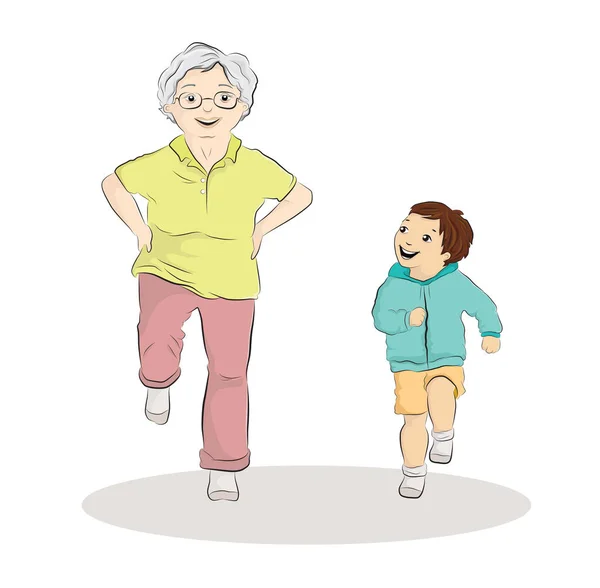 一个资深妇女和一个小男孩一起做运动的向量例证 — 图库照片