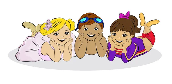 一个小体操女孩 一个芭蕾女孩和一个游泳男孩在运动后一起放松 — 图库矢量图片