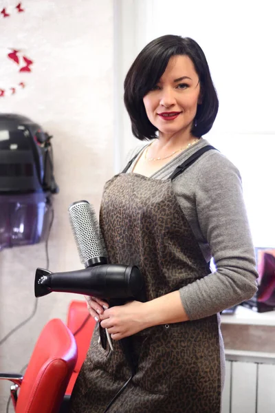 Coiffeur Femme Aux Cheveux Noirs Avec Sèche Cheveux Brossage Dans — Photo