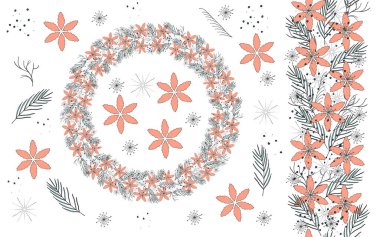 Vektör illüstrasyon, kır çiçeklerinin çelengi, kar taneleri, iğneler ve elementleri, kusursuz fırça