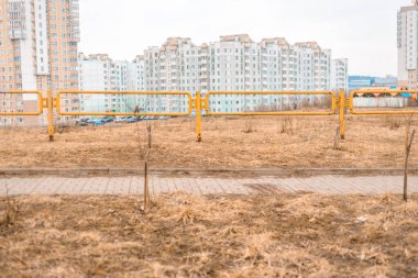 Kuraklık, şehirde yanmış sarı çimenler.